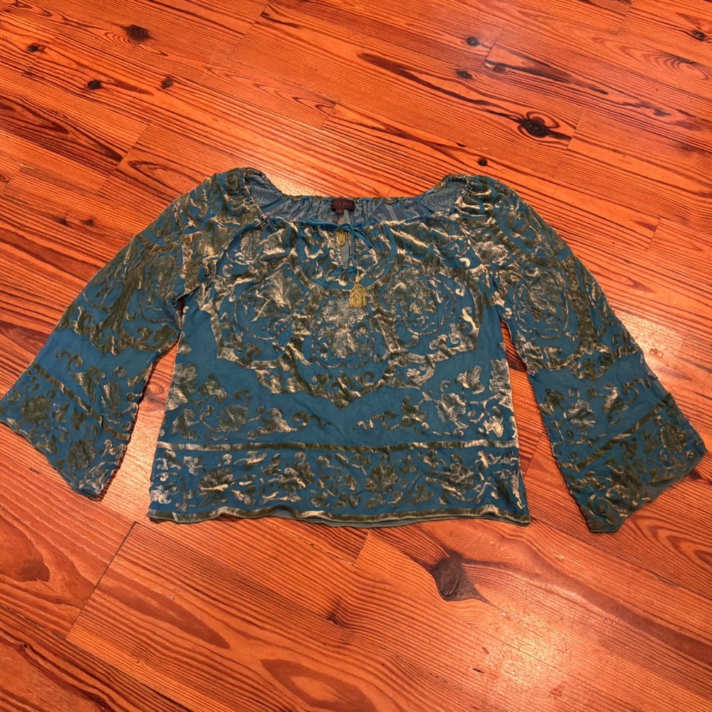 Hale Bob Silk Burnout Velvet Sheer Peasant Blouse M Turquoise Beaded Tassel EUC